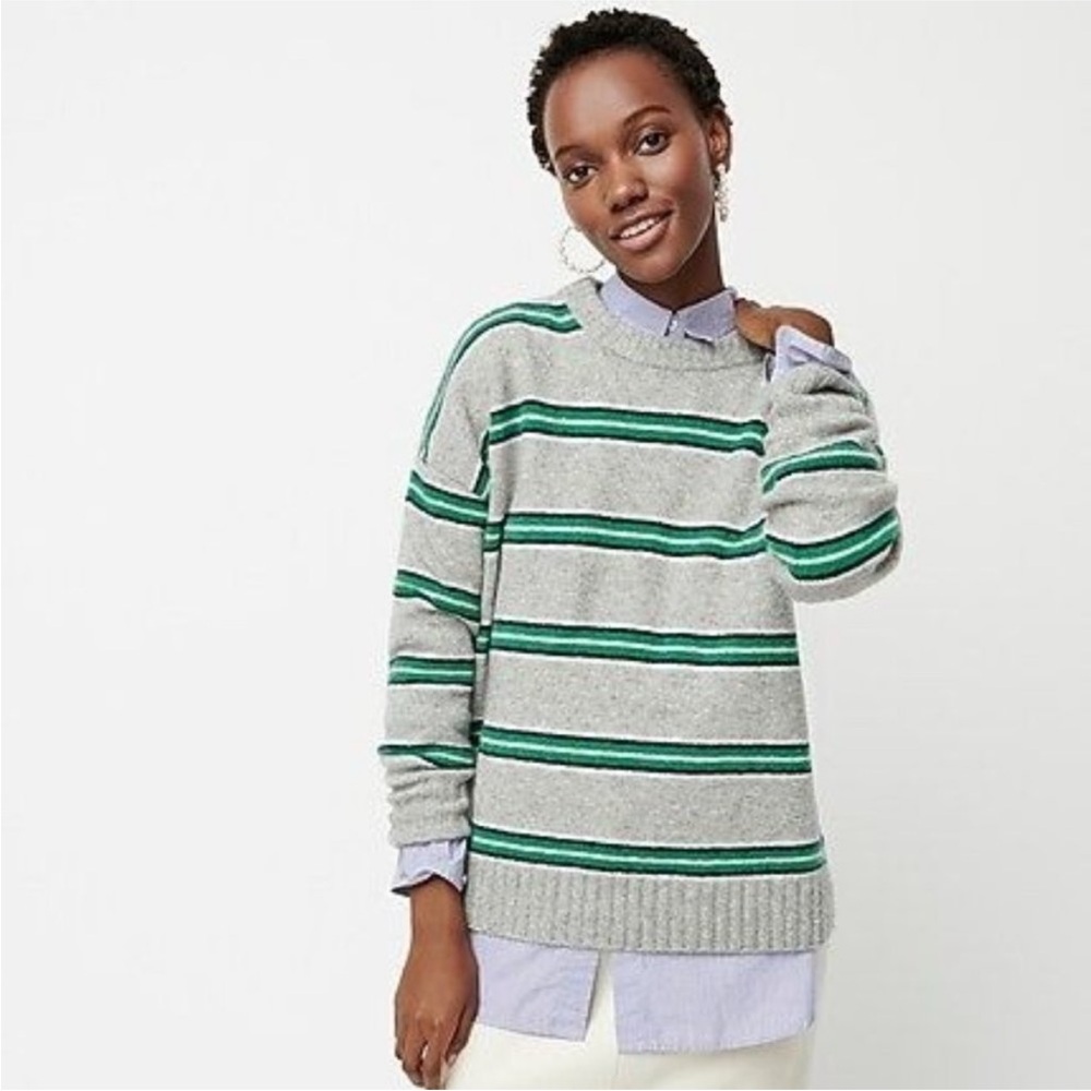 J. Crew Gray Crewneck Sweater with Green Stripes
